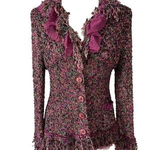 Ball of Cotton Viscose Fringed Button front Mix Media Cardigan Romantic Feminine